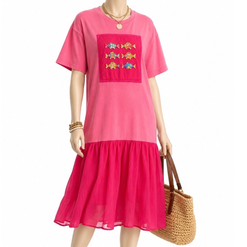 JOHNNY WAS Vintage Fish Embroidered Drop Waist T-Shirt Dress Pink | Sz S